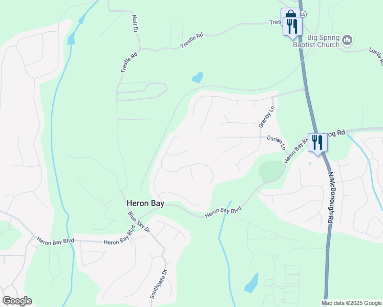 map of restaurants, bars, coffee shops, grocery stores, and more near 1132 Hargrove Court in Locust Grove