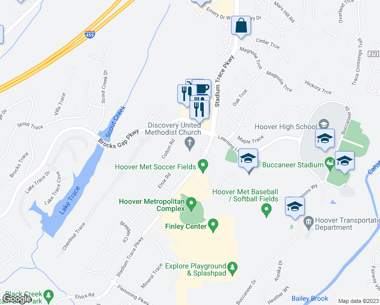 map of restaurants, bars, coffee shops, grocery stores, and more near 5487 Stadium Trace Parkway in Hoover