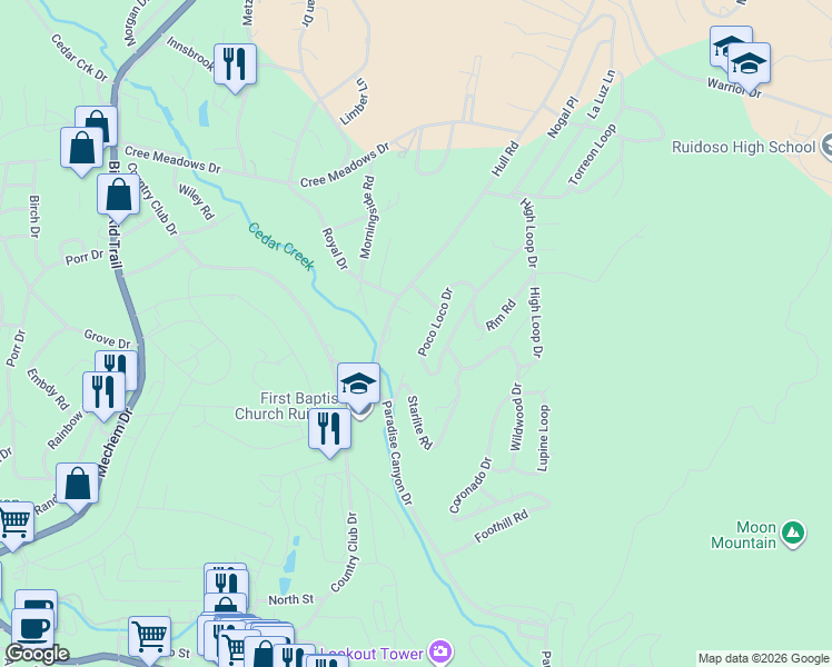map of restaurants, bars, coffee shops, grocery stores, and more near 100 Poco Loco Drive in Ruidoso