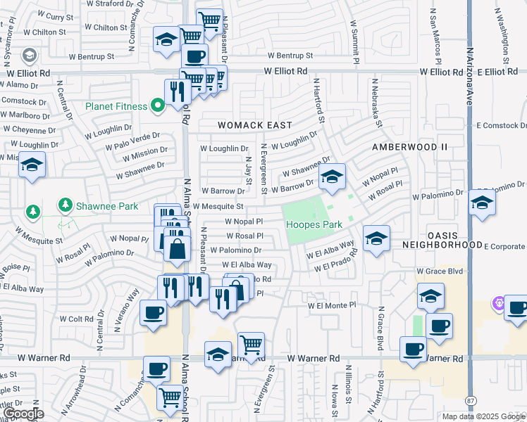 map of restaurants, bars, coffee shops, grocery stores, and more near 719 West Nopal Place in Chandler