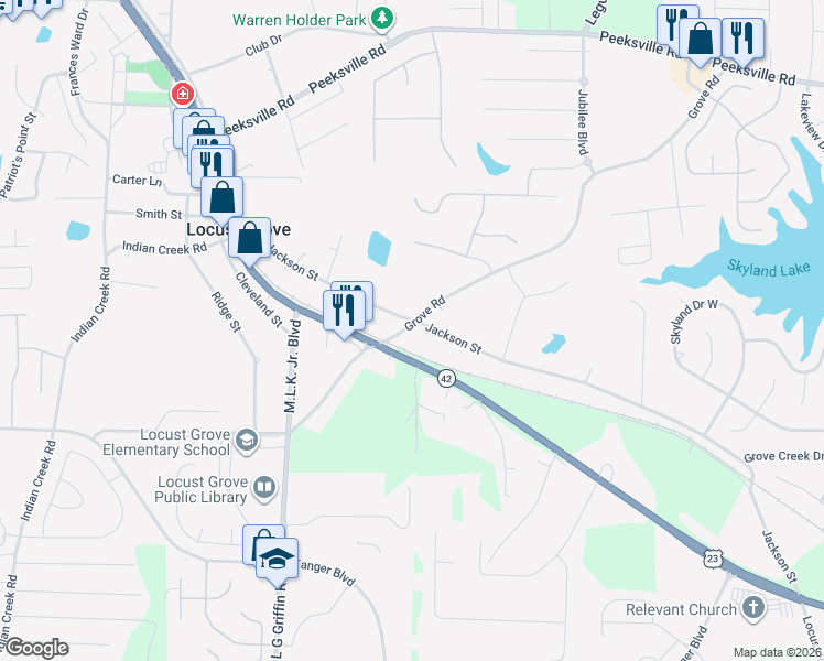 map of restaurants, bars, coffee shops, grocery stores, and more near 4192 Georgia 42 in Locust Grove