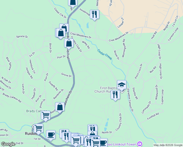map of restaurants, bars, coffee shops, grocery stores, and more near Course View Drive in Ruidoso