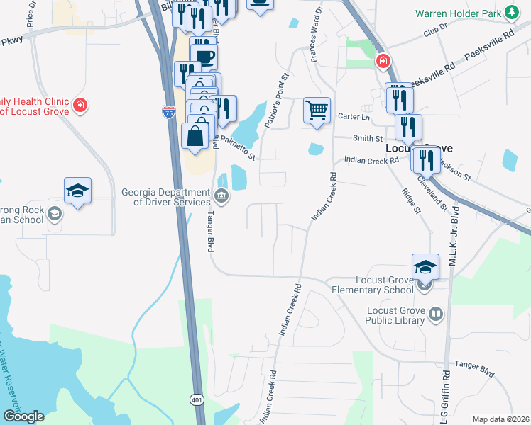 map of restaurants, bars, coffee shops, grocery stores, and more near 406 Buckboard Lane in Locust Grove