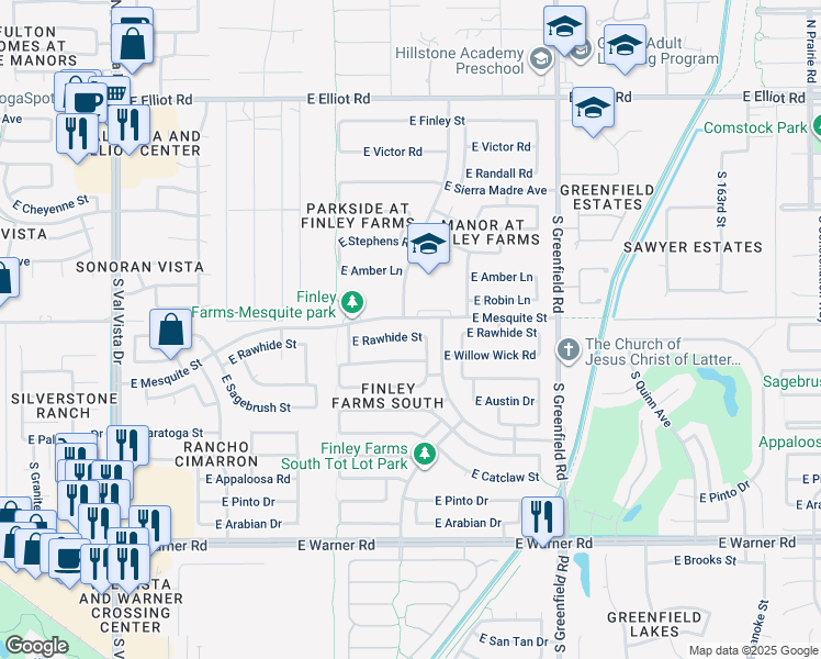 map of restaurants, bars, coffee shops, grocery stores, and more near 2132 East Rawhide Street in Gilbert