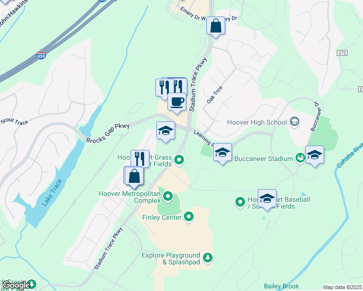 map of restaurants, bars, coffee shops, grocery stores, and more near 5309 Stadium Trace Parkway in Hoover