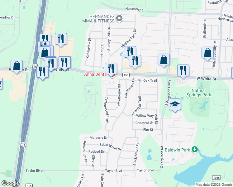 map of restaurants, bars, coffee shops, grocery stores, and more near 1005 Hawthorne Road in Anna
