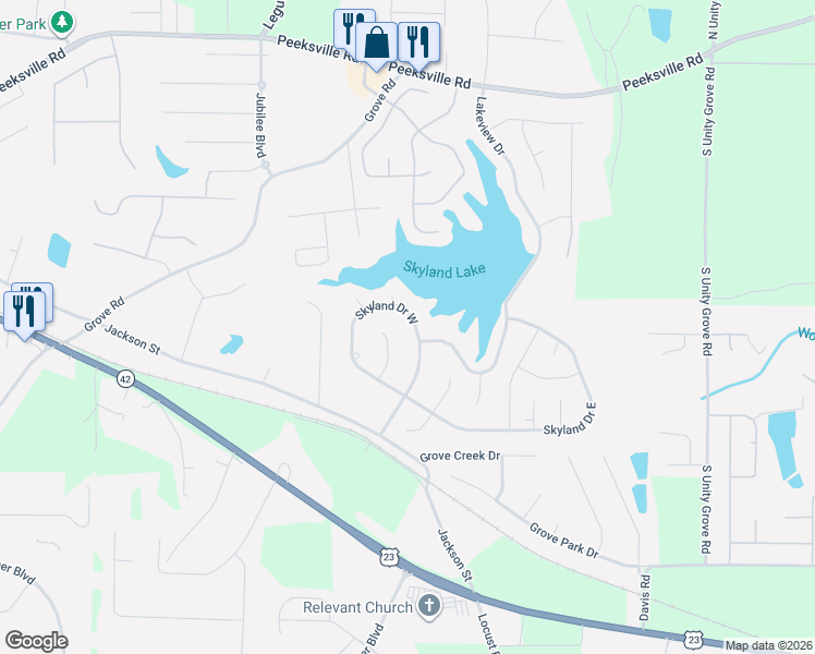 map of restaurants, bars, coffee shops, grocery stores, and more near 21 Skyland Drive in Locust Grove