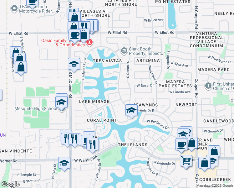 map of restaurants, bars, coffee shops, grocery stores, and more near 1256 West Atlantic Drive in Gilbert