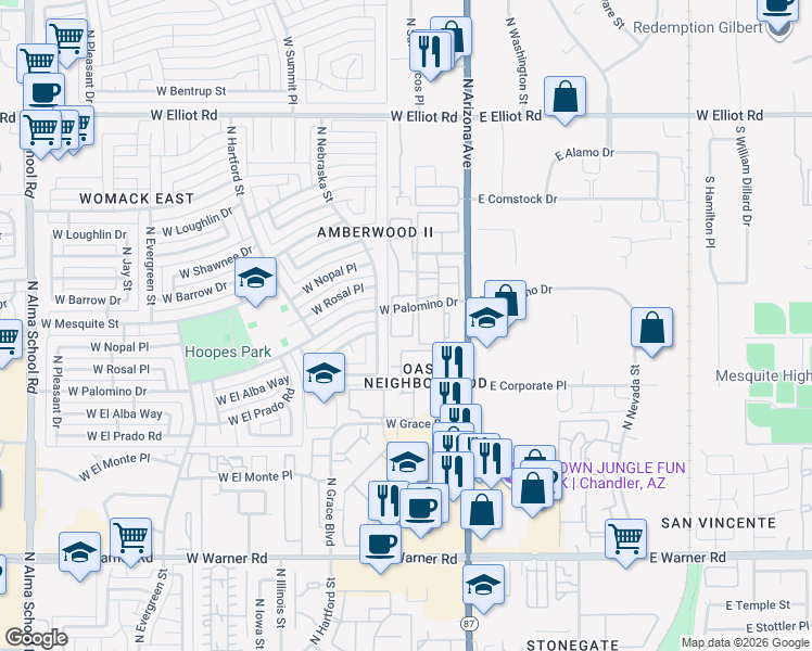 map of restaurants, bars, coffee shops, grocery stores, and more near 286 West Palomino Drive in Chandler