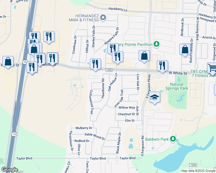 map of restaurants, bars, coffee shops, grocery stores, and more near 910 Oak Hollow Lane in Anna