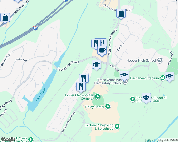 map of restaurants, bars, coffee shops, grocery stores, and more near 5487 Stadium Trace Parkway in Hoover