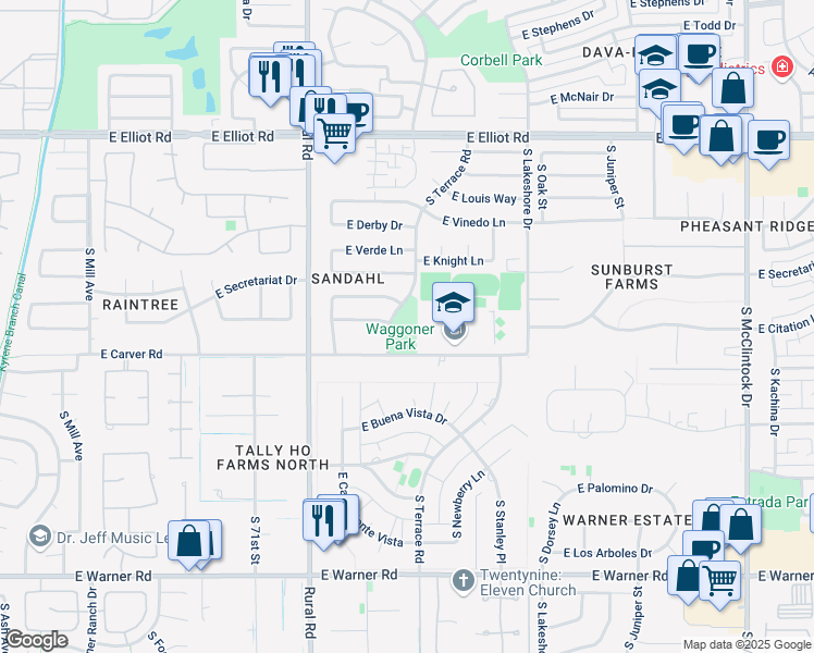 map of restaurants, bars, coffee shops, grocery stores, and more near 1050 East Carver Road in Tempe