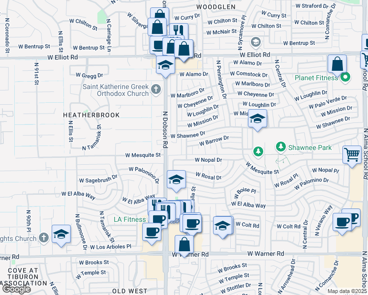 map of restaurants, bars, coffee shops, grocery stores, and more near 2513 North Cholla Street in Chandler
