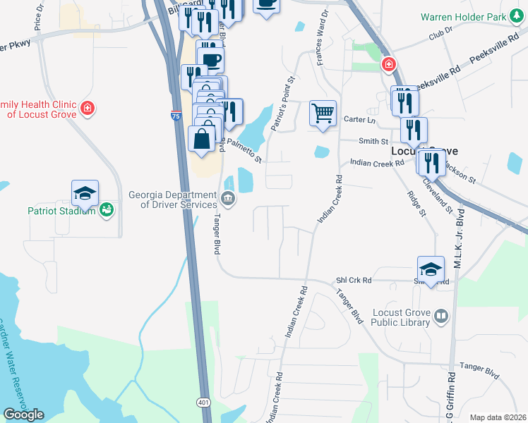 map of restaurants, bars, coffee shops, grocery stores, and more near 403 Buckboard Lane in Locust Grove