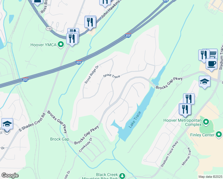 map of restaurants, bars, coffee shops, grocery stores, and more near 1401 Brocks Trace in Birmingham