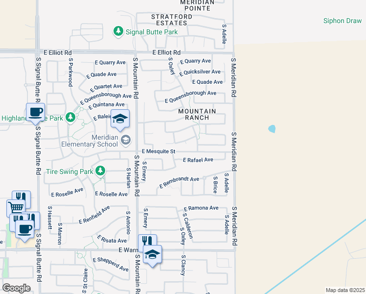 map of restaurants, bars, coffee shops, grocery stores, and more near 11358 East Renata Avenue in Mesa