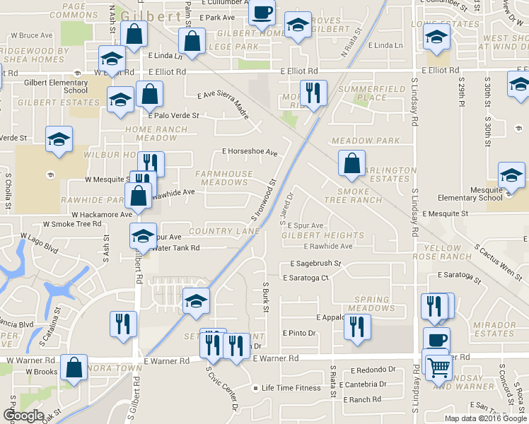 map of restaurants, bars, coffee shops, grocery stores, and more near Heritage Trail in Gilbert