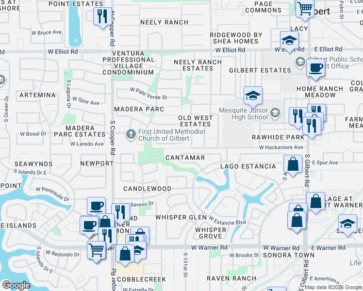 map of restaurants, bars, coffee shops, grocery stores, and more near 332 South Golden Key Drive in Gilbert