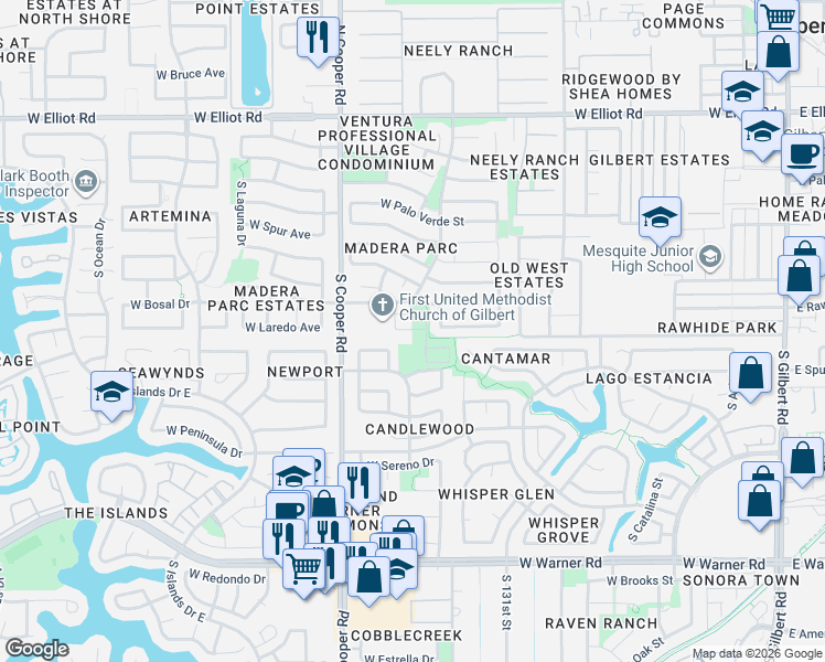 map of restaurants, bars, coffee shops, grocery stores, and more near 664 West Bosal Drive in Gilbert