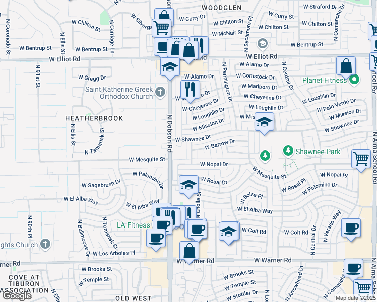map of restaurants, bars, coffee shops, grocery stores, and more near 2513 North Cholla Street in Chandler