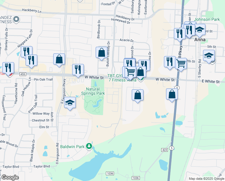 map of restaurants, bars, coffee shops, grocery stores, and more near Farm to Market 455 in Anna