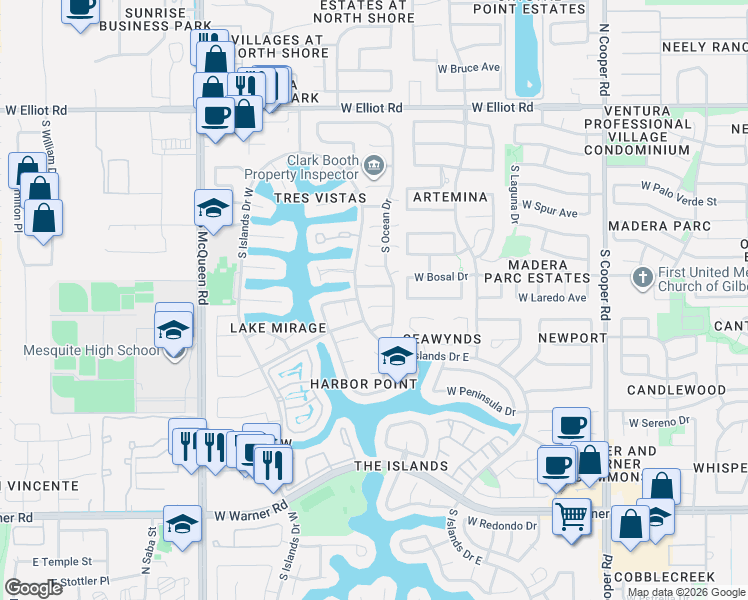 map of restaurants, bars, coffee shops, grocery stores, and more near 1256 West Atlantic Drive in Gilbert
