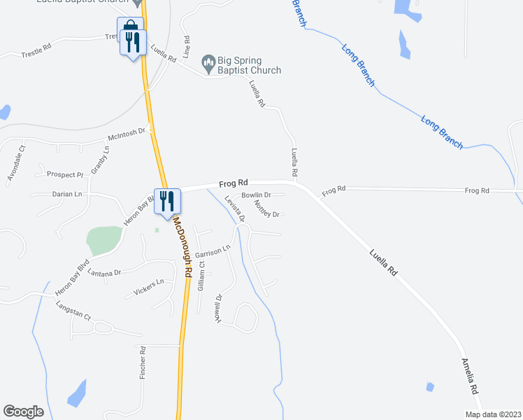 map of restaurants, bars, coffee shops, grocery stores, and more near 1215 Nottley Drive in Locust Grove