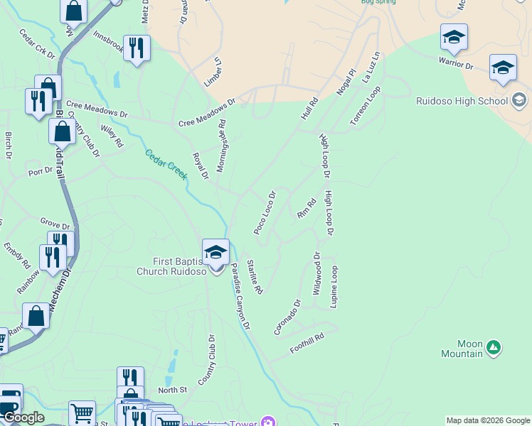 map of restaurants, bars, coffee shops, grocery stores, and more near Poco Loco Drive in Ruidoso