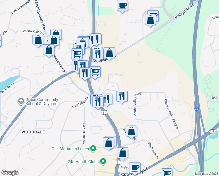map of restaurants, bars, coffee shops, grocery stores, and more near in Pelham