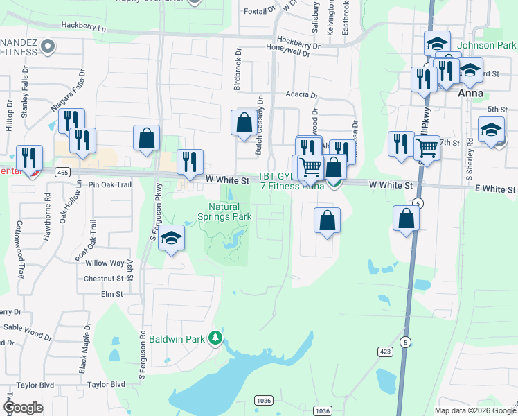 map of restaurants, bars, coffee shops, grocery stores, and more near Farm to Market 455 in Anna