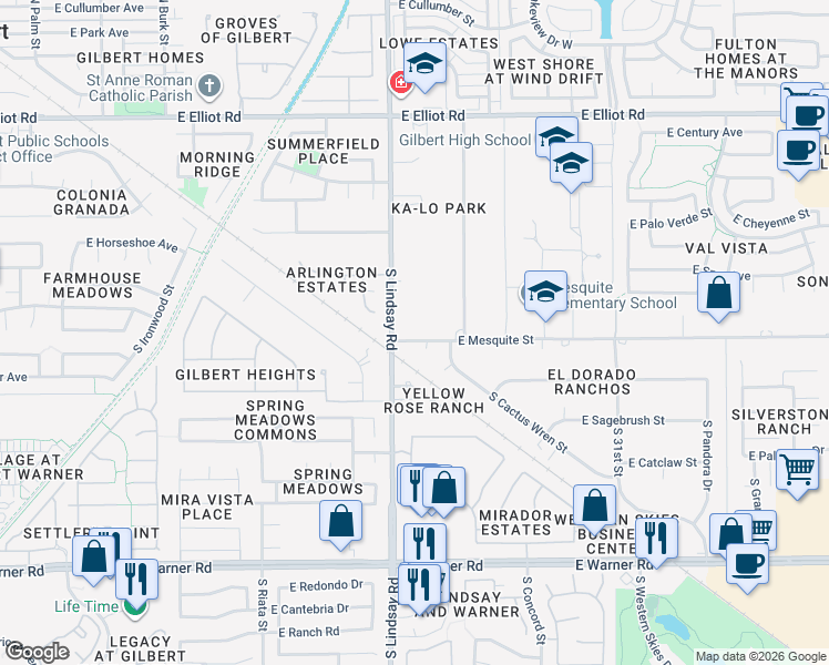 map of restaurants, bars, coffee shops, grocery stores, and more near 339 South Lindsay Road in Gilbert