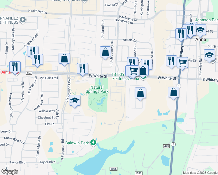 map of restaurants, bars, coffee shops, grocery stores, and more near Natural Springs Park Trail in Anna