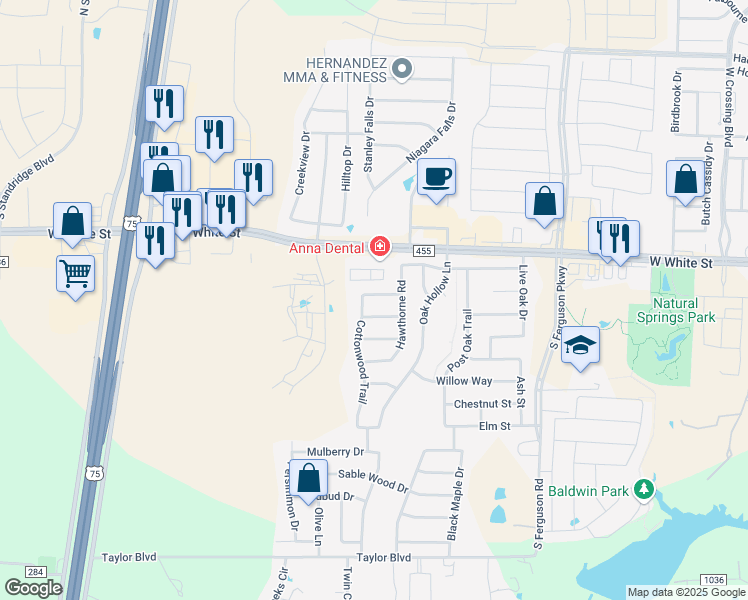 map of restaurants, bars, coffee shops, grocery stores, and more near 2105 Pine Knoll Way in Anna
