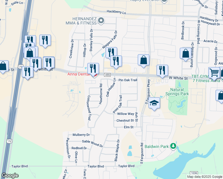 map of restaurants, bars, coffee shops, grocery stores, and more near 825 Oak Hollow Lane in Anna