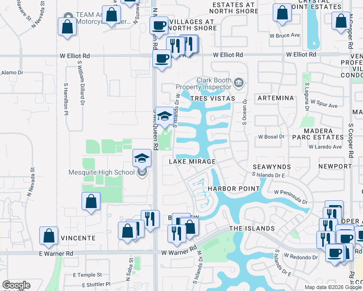 map of restaurants, bars, coffee shops, grocery stores, and more near 1458 West Silver Keys Court in Gilbert