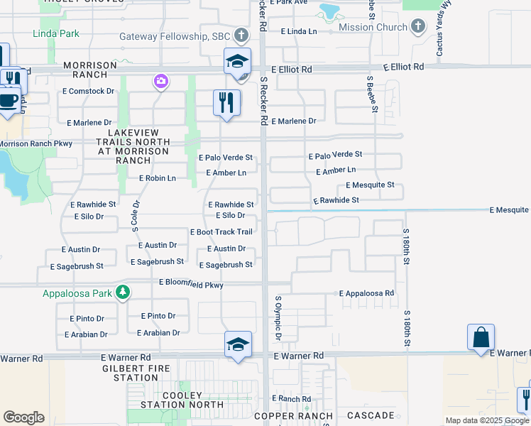 map of restaurants, bars, coffee shops, grocery stores, and more near 11601 South Recker Road in Gilbert
