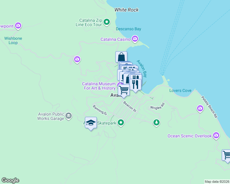 map of restaurants, bars, coffee shops, grocery stores, and more near 261 East Whittley Avenue in Avalon