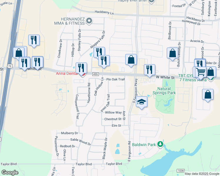 map of restaurants, bars, coffee shops, grocery stores, and more near 901 Post Oak Trail in Anna