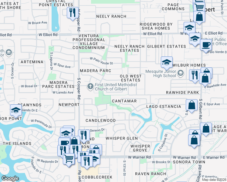 map of restaurants, bars, coffee shops, grocery stores, and more near 549 West Rawhide Avenue in Gilbert
