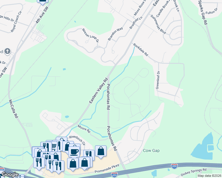 map of restaurants, bars, coffee shops, grocery stores, and more near 4607 Rosser Farms Parkway in Bessemer