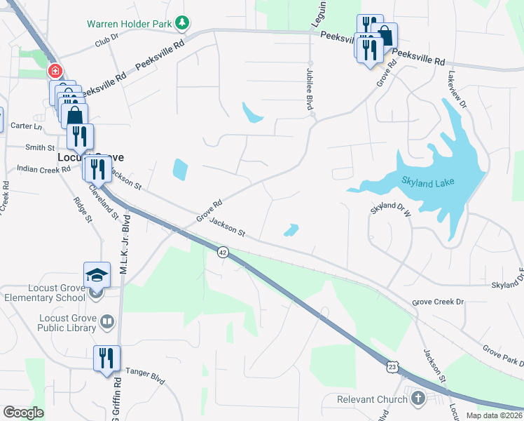 map of restaurants, bars, coffee shops, grocery stores, and more near 45 Fuller Road in Locust Grove