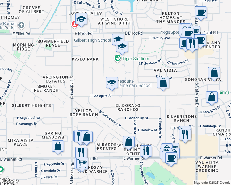 map of restaurants, bars, coffee shops, grocery stores, and more near 1000 East Mesquite Street in Gilbert
