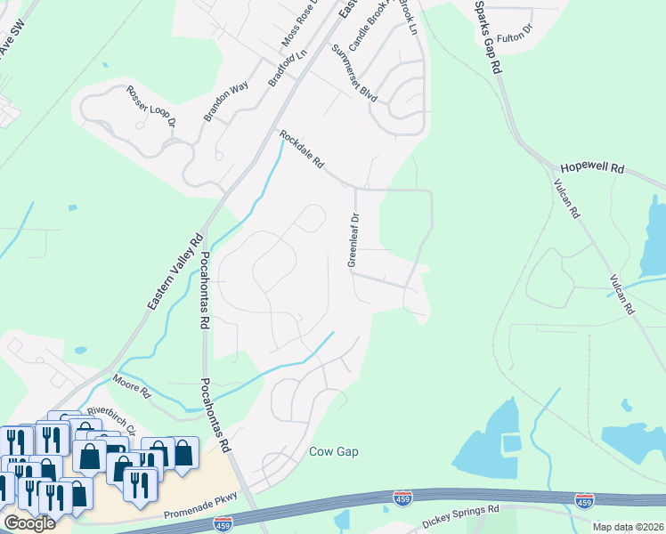map of restaurants, bars, coffee shops, grocery stores, and more near 4320 Greenleaf Drive in Bessemer