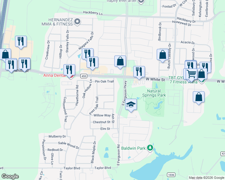 map of restaurants, bars, coffee shops, grocery stores, and more near 1606 Black Oak Court in Anna