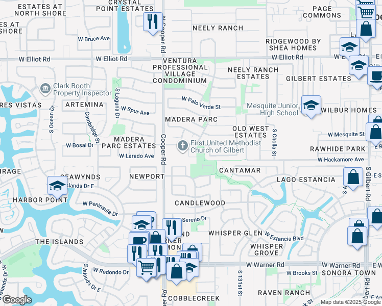 map of restaurants, bars, coffee shops, grocery stores, and more near 703 West Bosal Drive in Gilbert