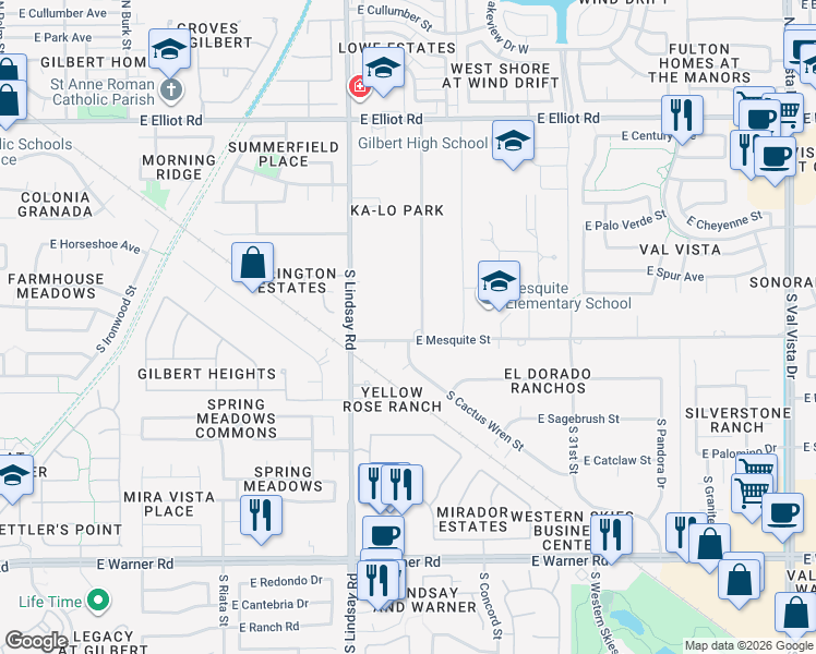 map of restaurants, bars, coffee shops, grocery stores, and more near 842 East Mesquite Street in Gilbert