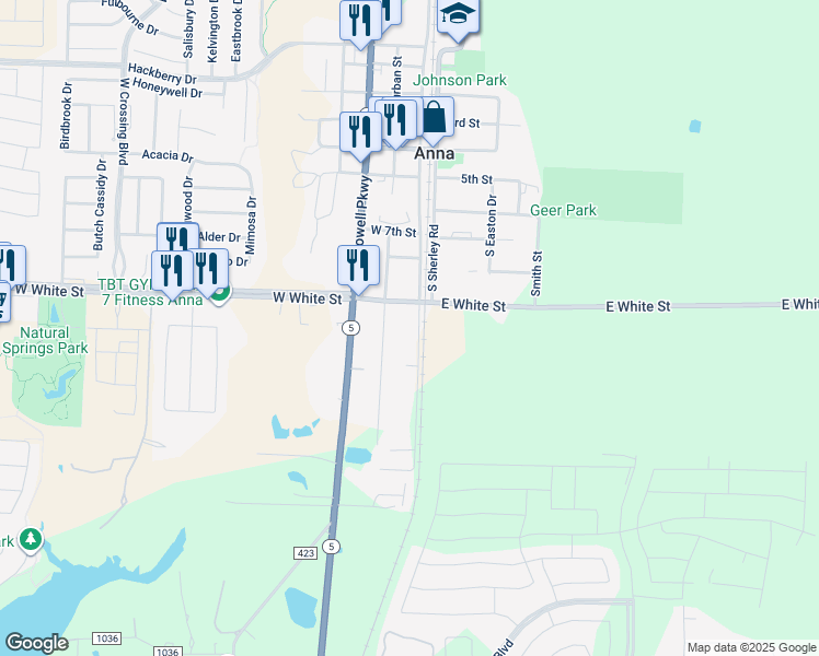 map of restaurants, bars, coffee shops, grocery stores, and more near 708 South Riggins Street in Anna