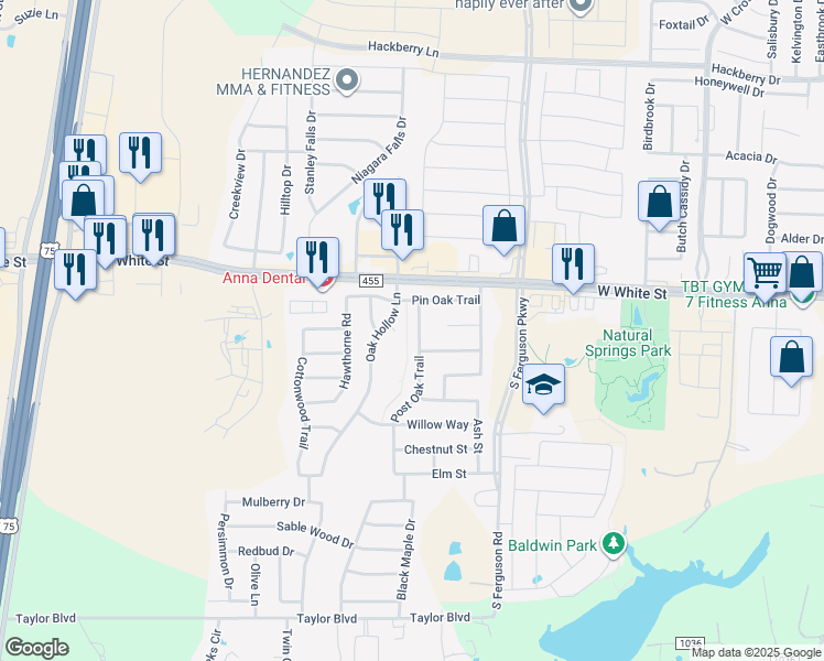 map of restaurants, bars, coffee shops, grocery stores, and more near 809 Oak Hollow Lane in Anna
