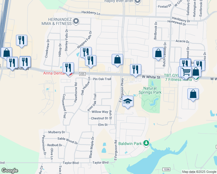 map of restaurants, bars, coffee shops, grocery stores, and more near 1605 Black Oak Court in Anna