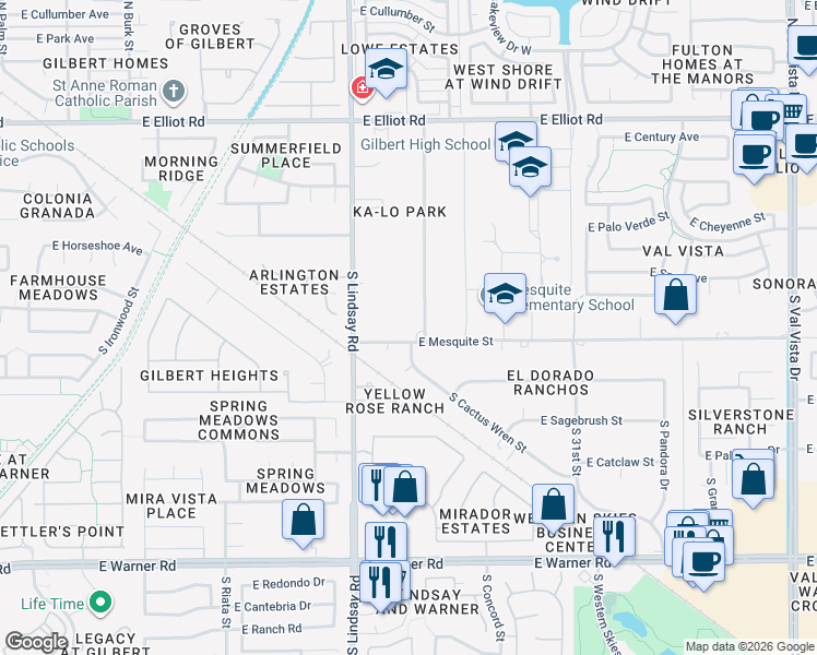 map of restaurants, bars, coffee shops, grocery stores, and more near 842 East Mesquite Street in Gilbert